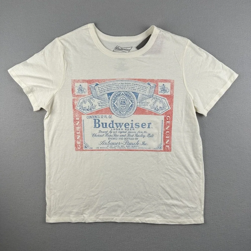 Budweiser Shirt Men's Large White Beer Label Graphic Tee Hybrid Apparel NWT